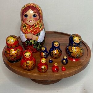 Hand-Painted Russian Nesting Dolls. Two Wooden Nesting Doll Sets Of 5. And 1 Tin